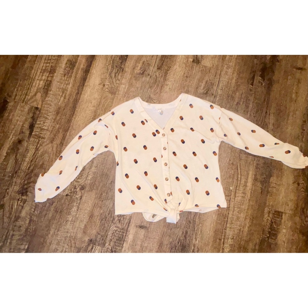 E & M Cream Polka Dot Tie Front Button Down Cardigan Sweater Small